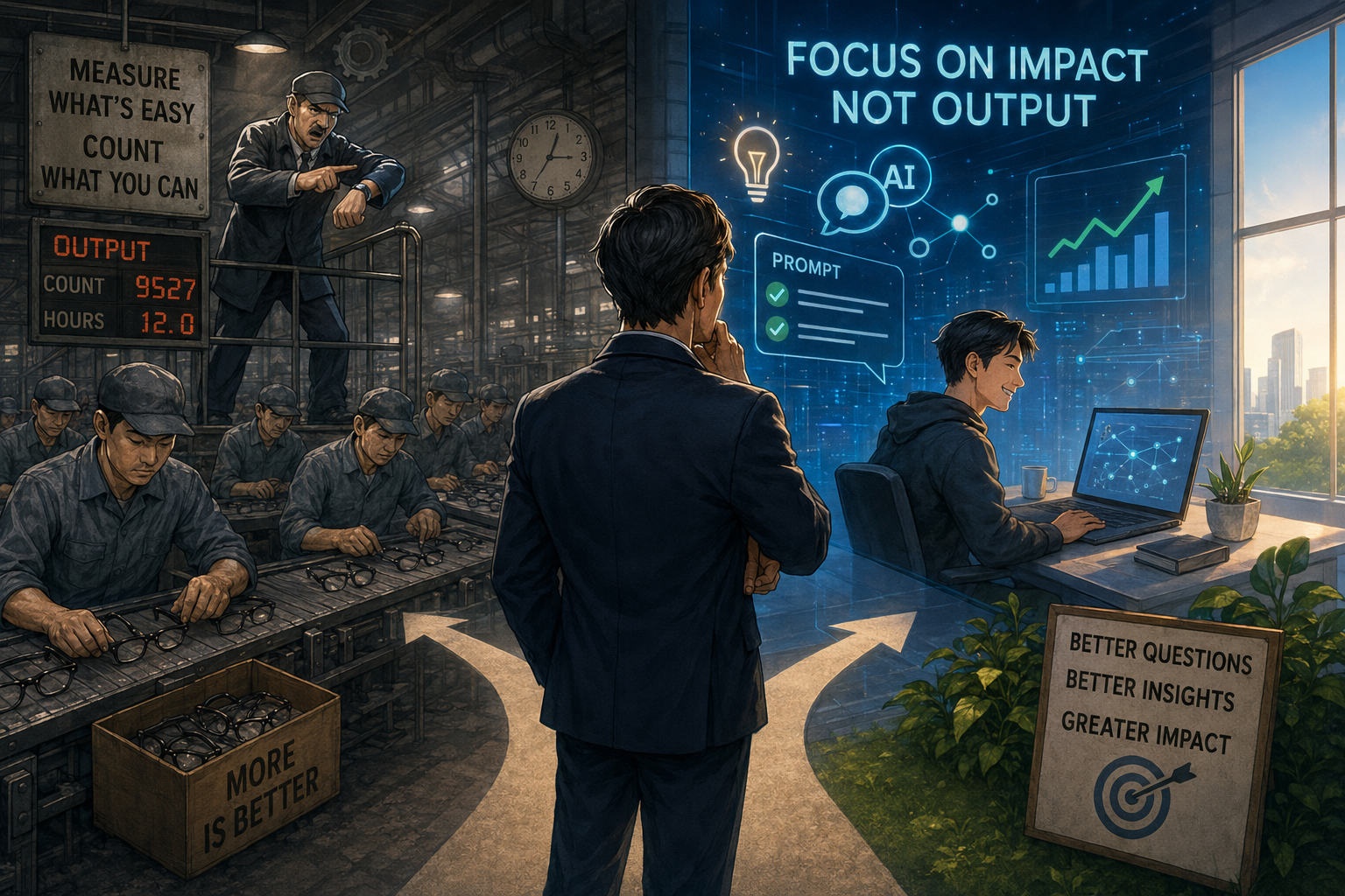 An industrial-revolution foreman counting output, contrasted with an AI-era knowledge worker asking better questions