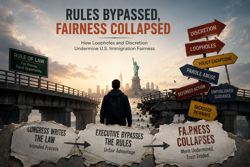 A broken bridge toward the Statue of Liberty — Congress writes the law, the executive bypasses the rules, fairness collapses; signposts read discretion, loopholes, policy exceptions, backdoor pathways